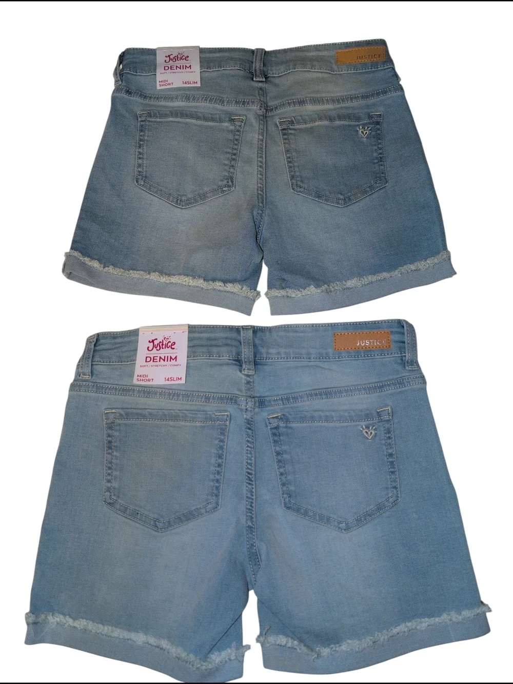 Nwt 2 Pack Justice Girls Stretch Distressed Denim Shorts Comfy Soft Midi 14 Slim